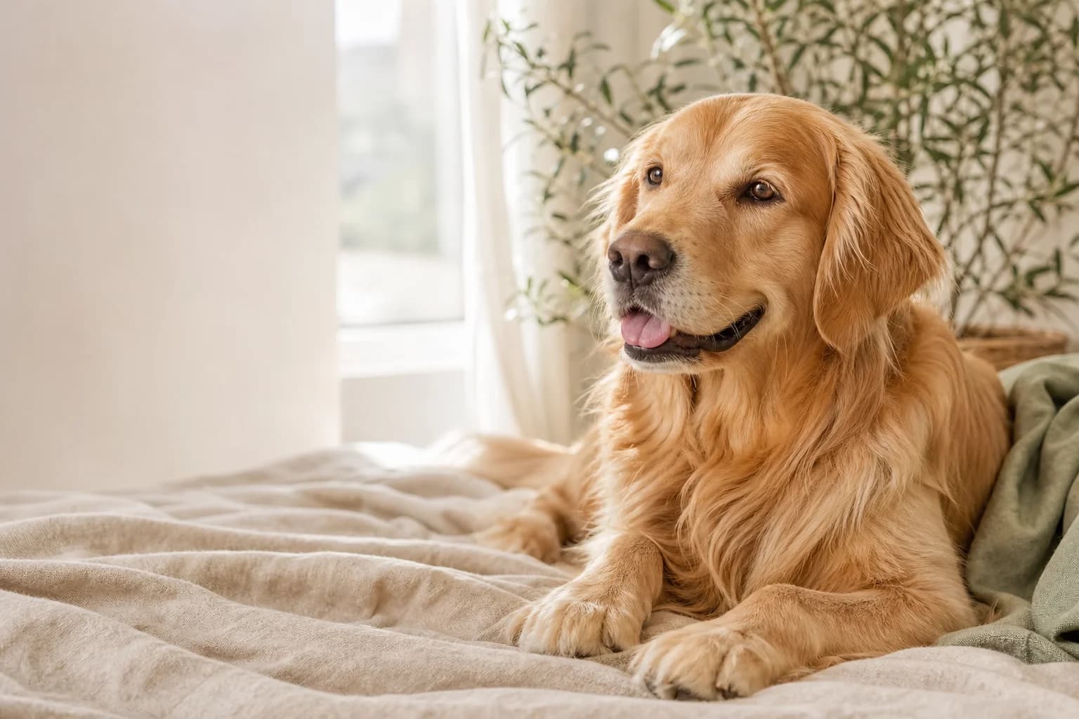 Golden retriever relaxing at home